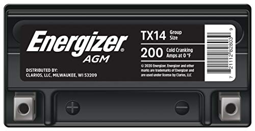 Energizer TX14 AGM Motorcycle and Atv 12V Battery, 200 Cold Cranking Amps and 12 Ahr. Replaces: YTX14-BS and others