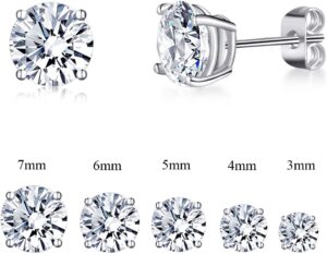 18k white gold plated stud earrings 4 prong round cut brilliant 3-7mm cubic zirconia earring studs (5 pairs)