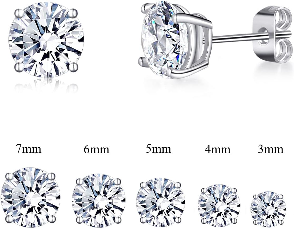 18K White Gold Plated Stud Earrings 4 Prong Round Cut Brilliant 3-7mm Cubic Zirconia Earring Studs (5 Pairs)