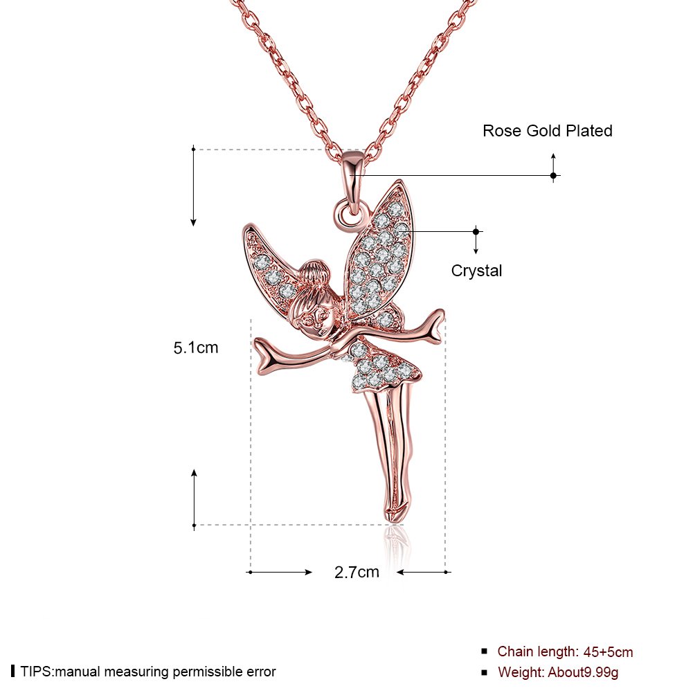 LZD Rose Gold Platinum Plated Necklace Women's Pendant Tinkerbell AWings Fairy AA Zirconia B333 (rose-gold-plated-base)