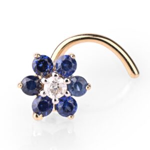 Demira Jewels 14K Yellow Gold Nose Piercing Wire Setting Stud with Real Diamond and Natural Blue Sapphire Flower – Elegant Wedding Nose Ring, Stunning Bridal Nose Jewelry.