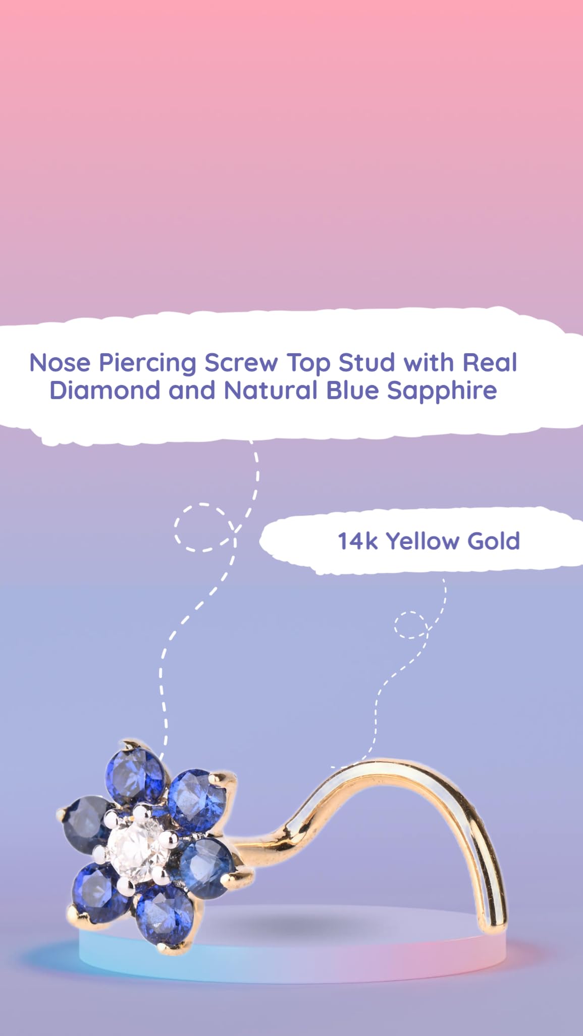 Demira Jewels 14K Yellow Gold Nose Piercing Wire Setting Stud with Real Diamond and Natural Blue Sapphire Flower – Elegant Wedding Nose Ring, Stunning Bridal Nose Jewelry.