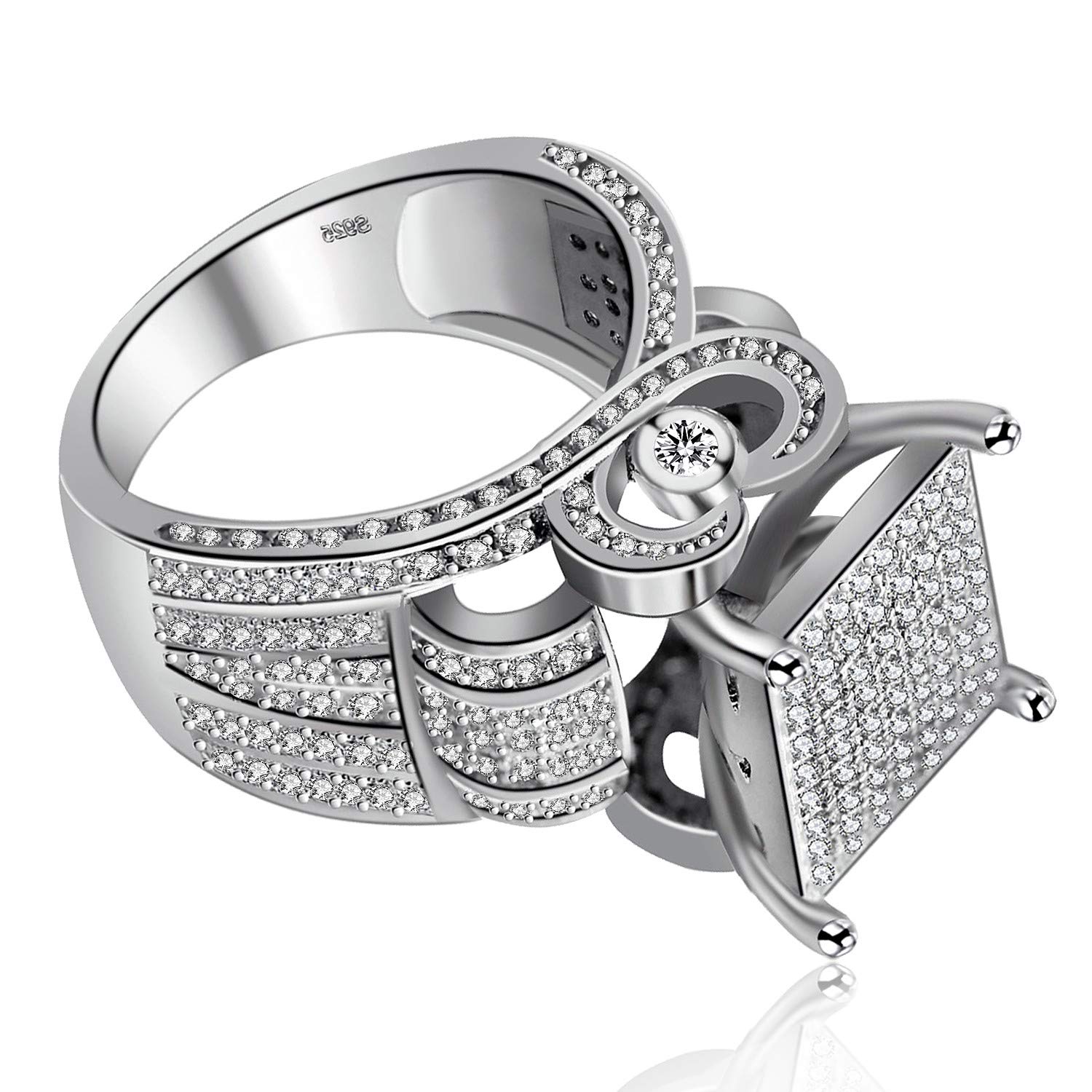 Uloveido Women's 0.4" Wide Square Cluster Engagement Heart Architecture Ring, Cocktail Bling Ring for Her RA0221 (Platinum, 8)