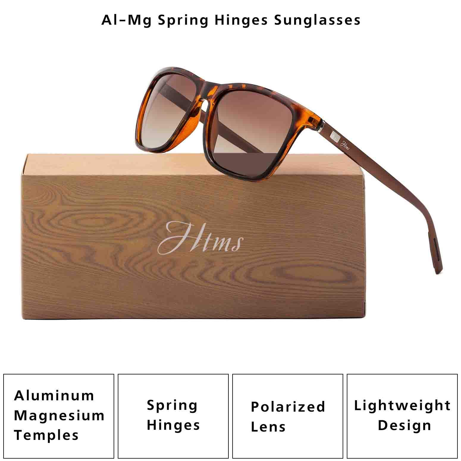 Htms Square Aluminum Magnesium Frame Polarized Sunglasses Vintage Spring Temple Sun Glasses Men Women Retro Driving Eyewear UV400 (Brown Lens/Leopard Frame)