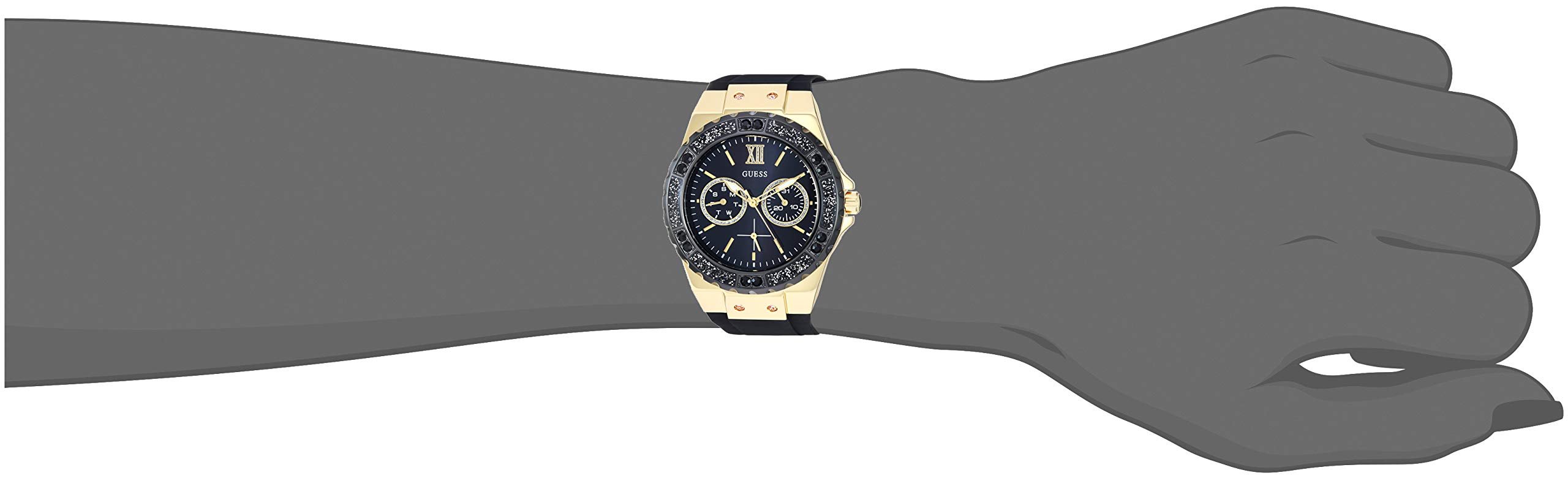 GUESS Gold-Tone Stainless Steel + Black Stain Resistant Watch with Day + Date Functions. Color: Black (Model: U1053L7)