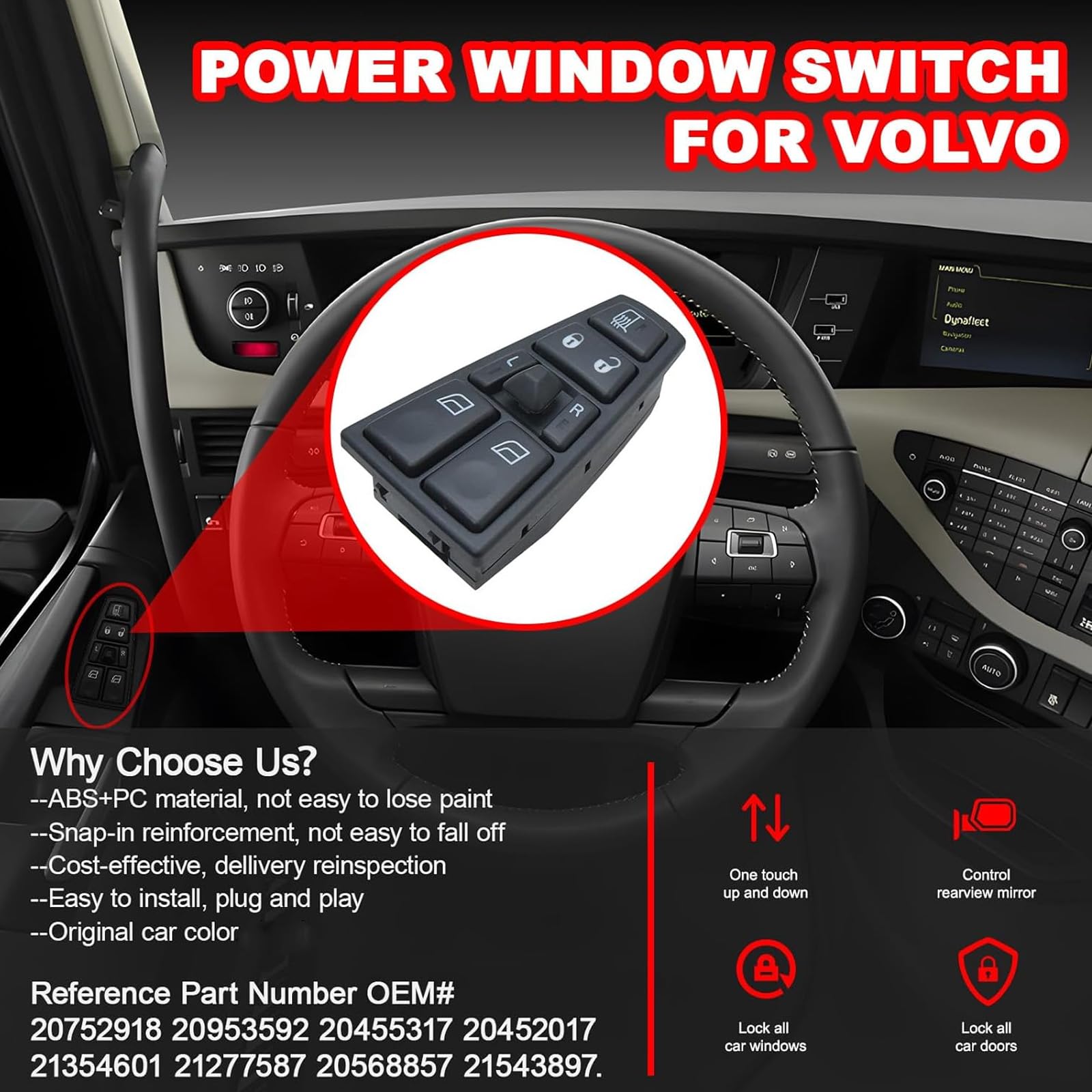 Geloo 20752918 21543897 Window Switch Replaces for Volvo Truck FH12 FM12 FM9 FH FM VNL Power Master Control Switch 20953592 20455317 20452017 21354601 21277587 20568857