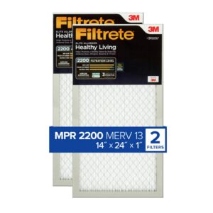 filtrete 14x24x1 ac furnace air filter, merv 13, mpr 2200, elite allergen, bacteria & virus filter, 3-month pleated 1-inch electrostatic air cleaning filter, 2-pack (actual size 14.375x23.84x0.783 in)