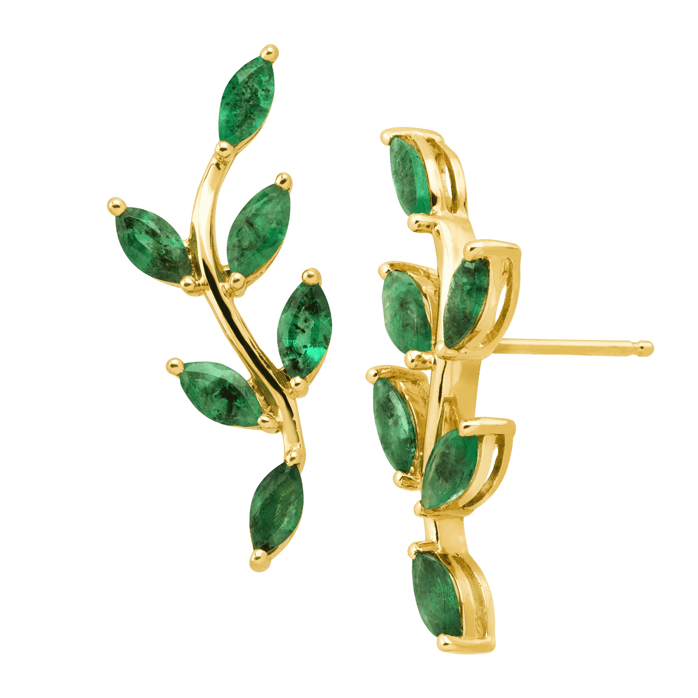 Finecraft 2 cttw Natural Emerald Leaf Climber Stud Earrings in 10K Yellow Gold