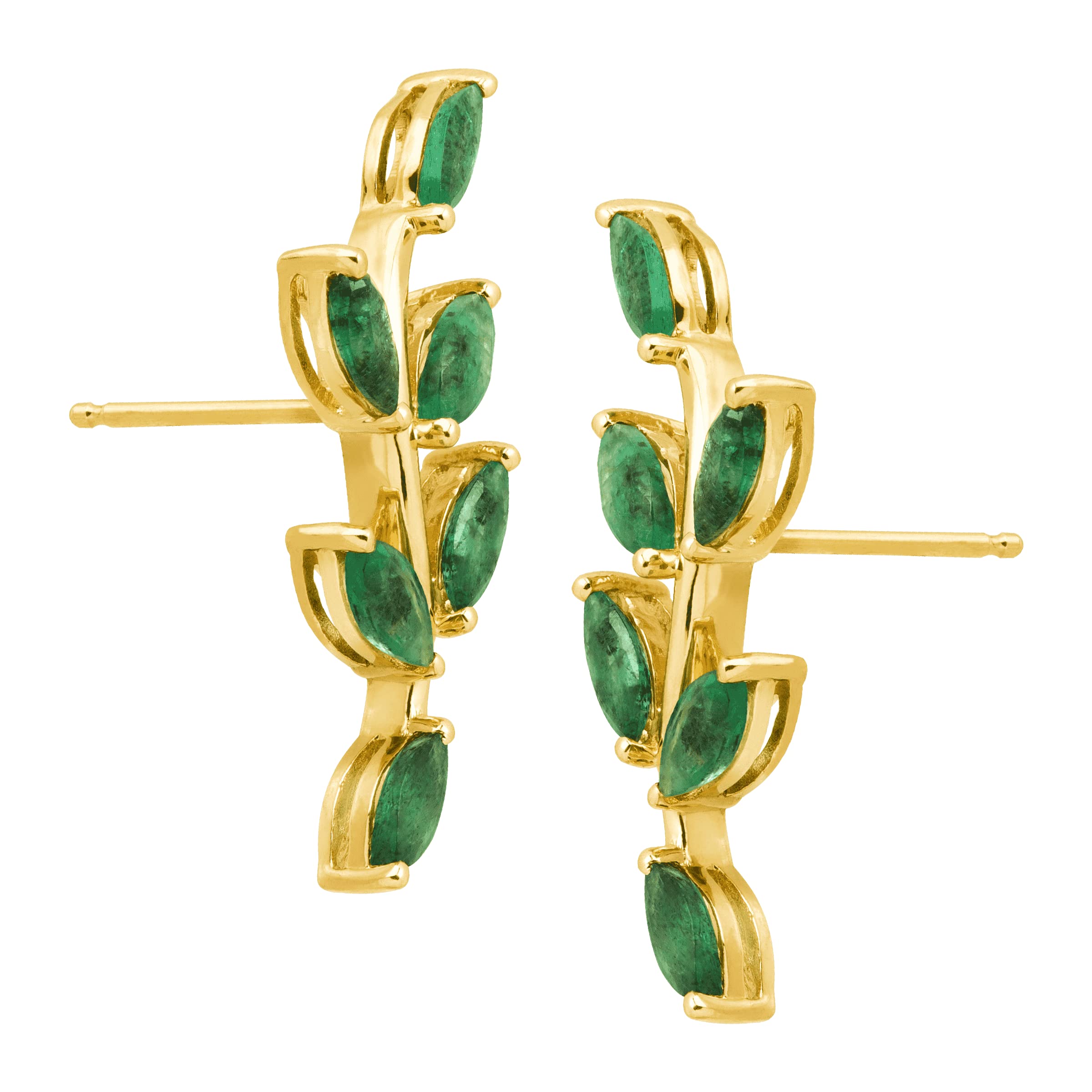 Finecraft 2 cttw Natural Emerald Leaf Climber Stud Earrings in 10K Yellow Gold