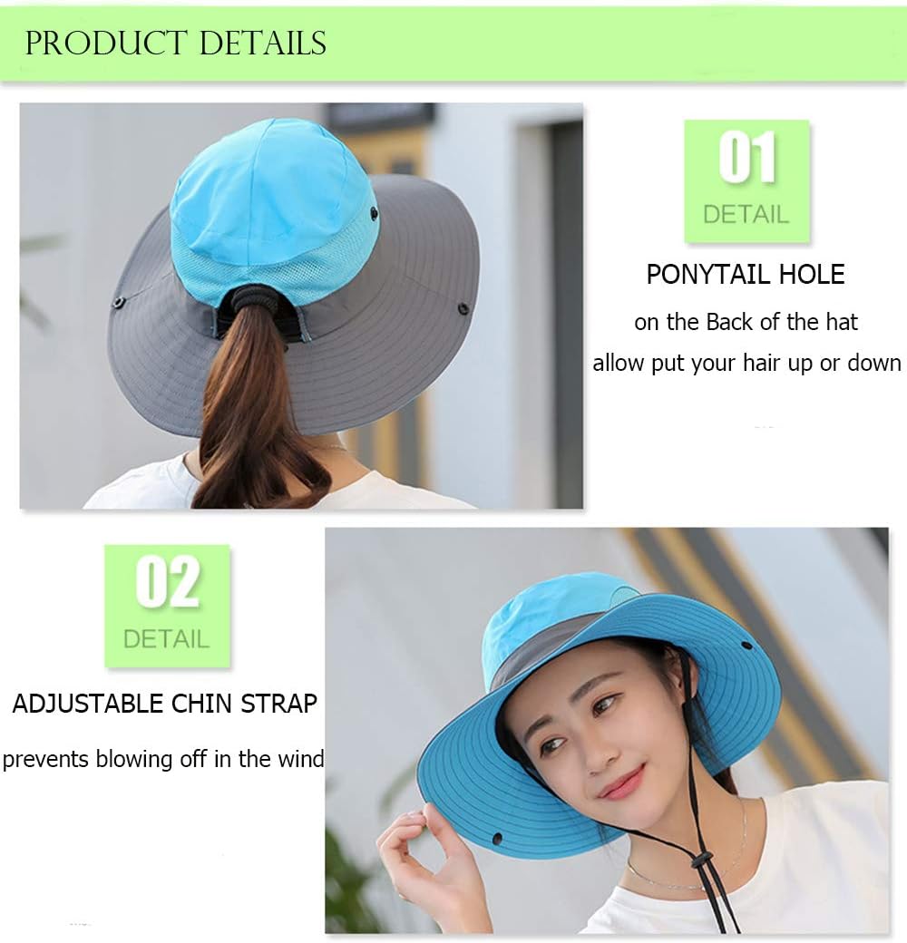 Ponytail Women's Summer Sun Bucket Hats UV Protection Safari Hiking Wide Brim Beach Foldable Mesh Fishing Cap