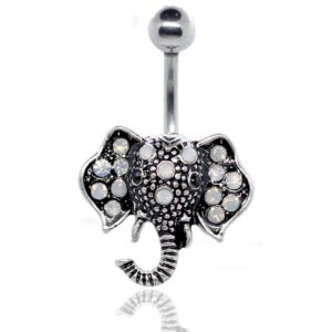 pierce2go silver 14g elephant belly button ring with white faux opal stone body piercing jewelry women navel ring 316l surgical steel barbell 7/16"