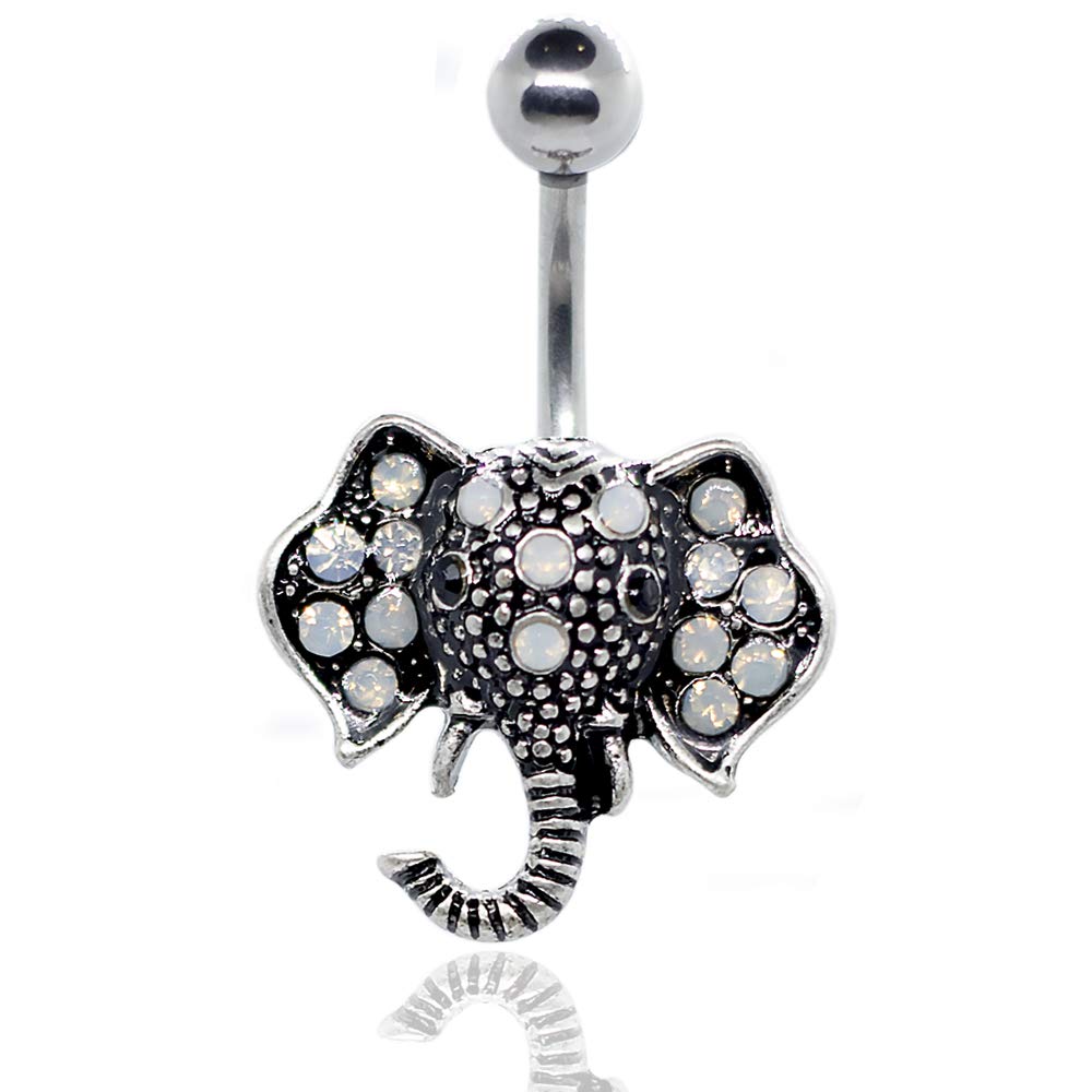 Pierce2GO Silver 14G Elephant Belly Button Ring with White Faux Opal Stone Body Piercing Jewelry Women Navel Ring 316L Surgical Steel Barbell 7/16"