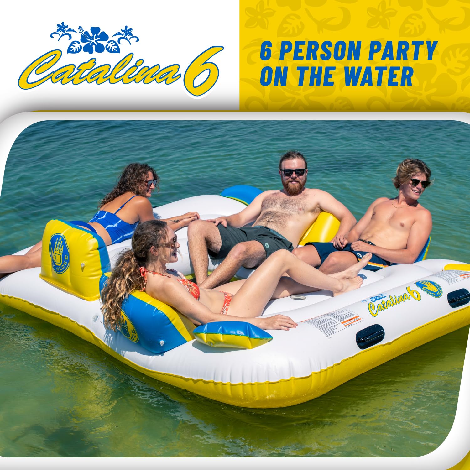 Body Glove Catalina Island - Six-Person Inflatable Floating Lounge with Bluetooth Speaker, 2 Coolers & 6 Drink Holders, Mesh Cooling Zone, Anchor System, Leisure Lake Relaxation