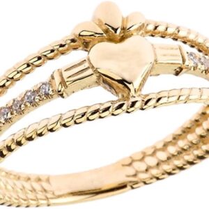 Modern 14k Yellow Gold Diamond 3-Row Claddagh Rope Engagement/Proposal Ring (Size 7)