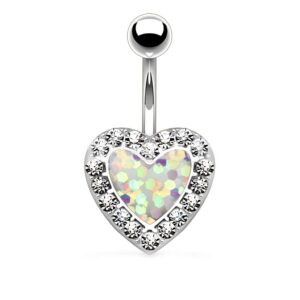 pierce2go 14g silver 316l silver surgical steel white heart belly button ring with clear stones 9/16" barbell body piercing jewelry women