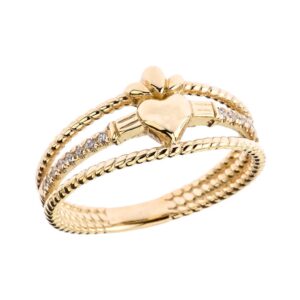 modern 14k yellow gold diamond 3-row claddagh rope engagement/proposal ring (size 6.75)