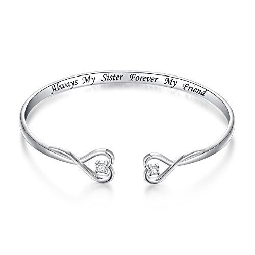 DAOCHONG Sister Gift Sterling Silver Engraved Always My Sister Forever My Friend Double Love Heart Cuff Bangle