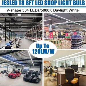 JESLED T8/T10/T12 8FT LED Tube Light, Single Pin FA8 Base, 50W 6000LM 5000K Daylight White, 270 Degree V Shaped LED Fluorescent Bulb (130W Equiv.), ETL Listed, Clear Cover, Dual-Ended Power (12-Pack)