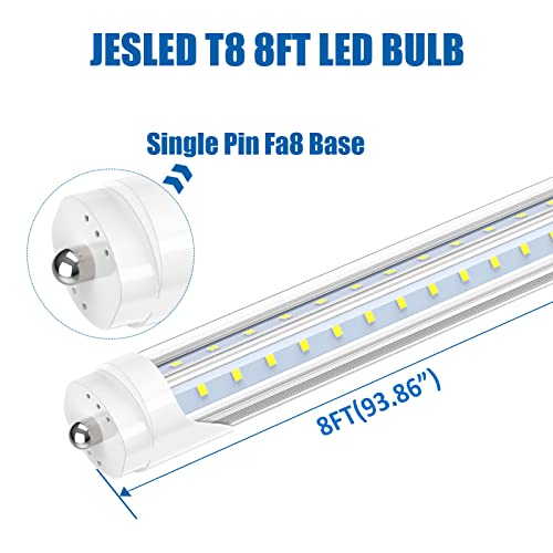 JESLED T8/T10/T12 8FT LED Tube Light, Single Pin FA8 Base, 50W 6000LM 5000K Daylight White, 270 Degree V Shaped LED Fluorescent Bulb (130W Equiv.), ETL Listed, Clear Cover, Dual-Ended Power (12-Pack)