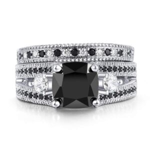 double fair white or black gold plated cushion cut black cz stone engagement promise anniversary ring sets for women (silver, 8)