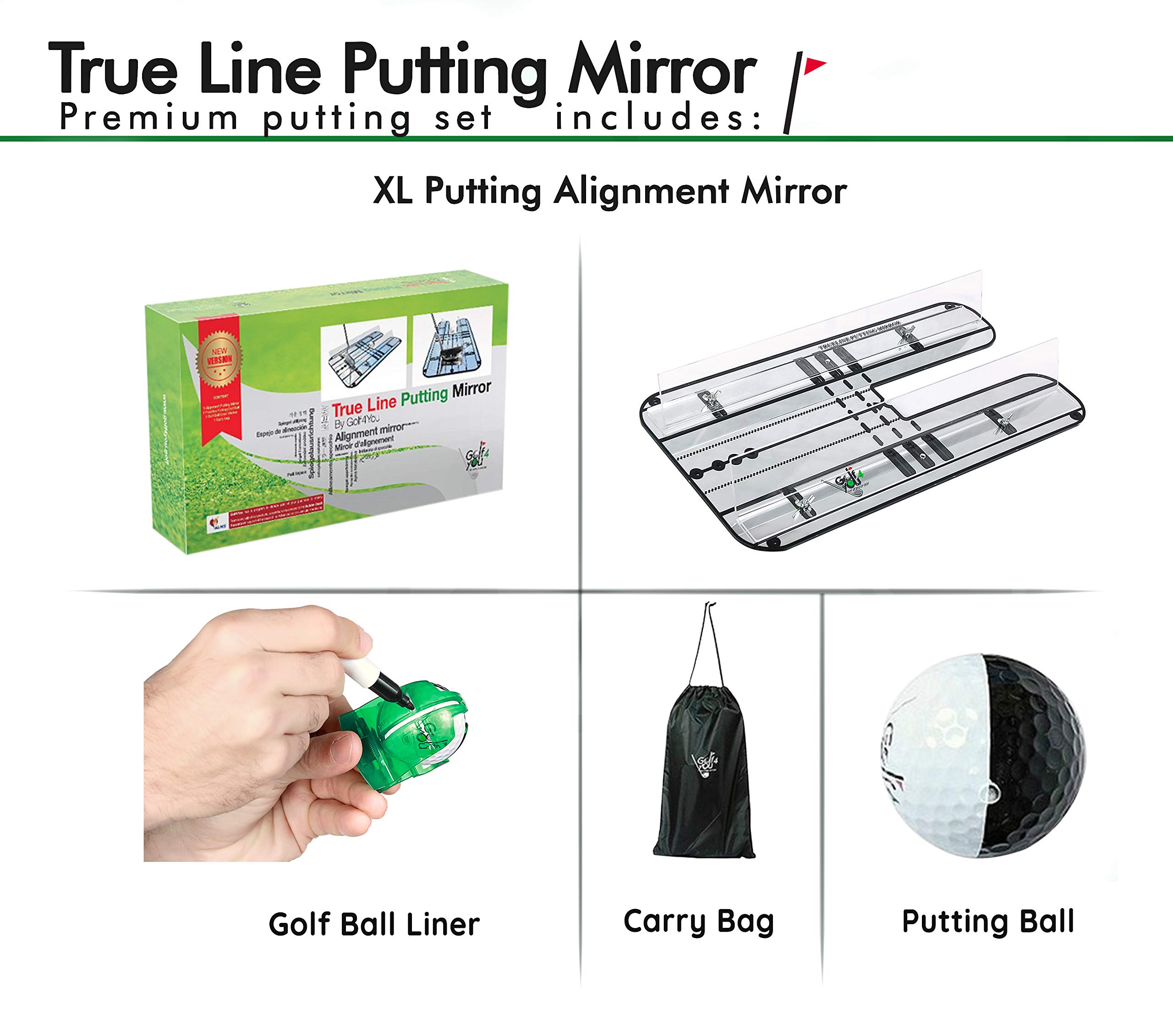 Premium Golf Alignment Mirror - All in One Value Pack Golf Putting Practice Aids ​to Improve All Aspects of Your Short Game