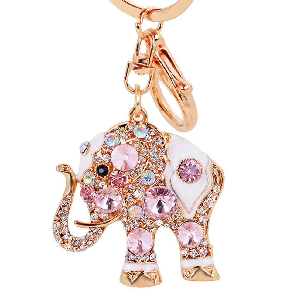 Cute Elephant Keychain Sparkling Crystal Rhinestones Keyring Pendant for Women Bag Charm (Pink)