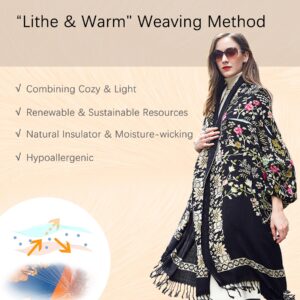 DANA XU 100% Merino Wool Extra Large Pashmina Blanket Travel Scarf Cashmere Wrap for Women Fall Winter Oversize Shawl Floral