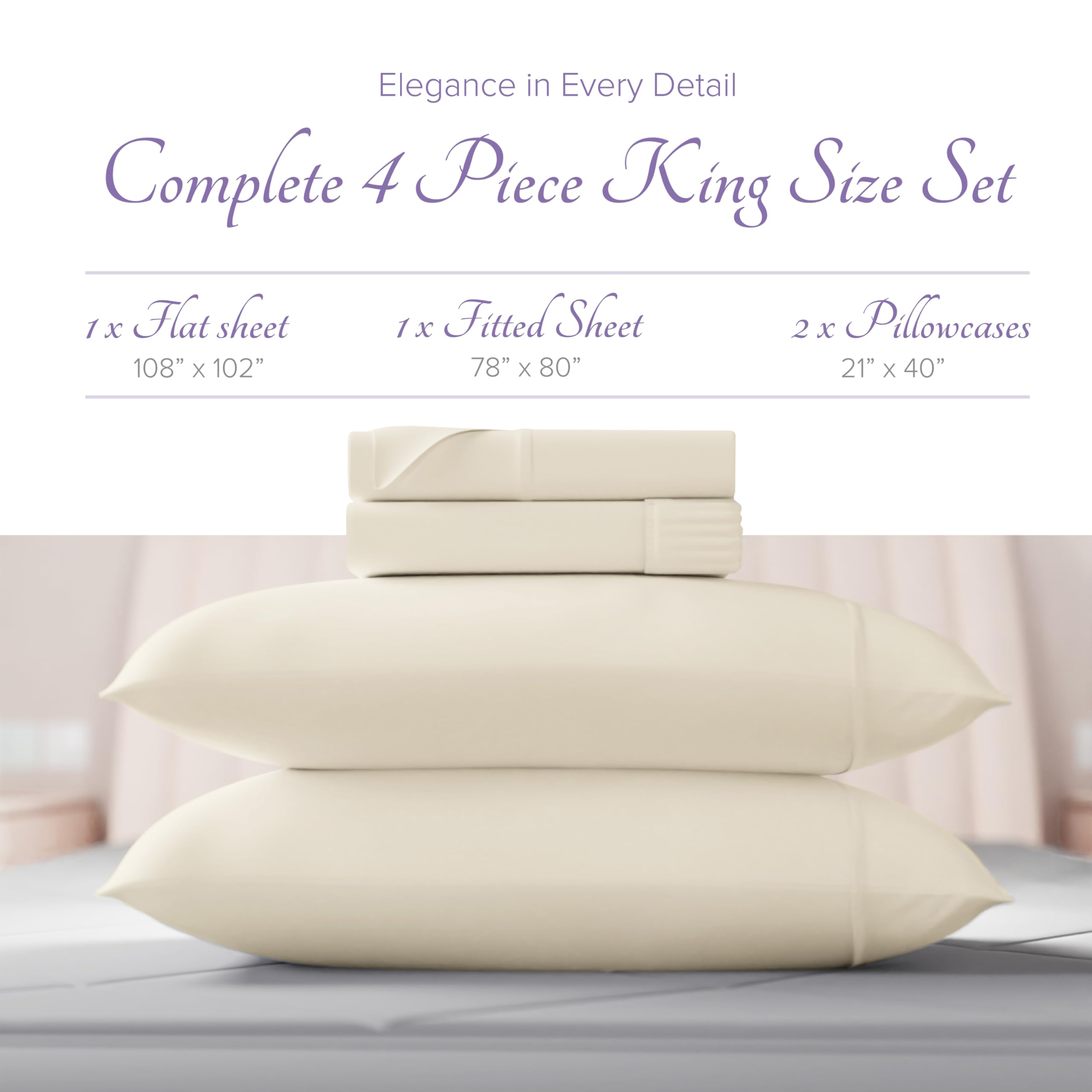 Carressa Linen Luxury Egyptian Cotton 4 PC King Size Sheet Set - 600 Thread Count Deep Pocket Fitted and Flat Sheets, Soft, Cooling Extra Long Staple Hotel-Quality Bedding with Sateen Weave - Ivory