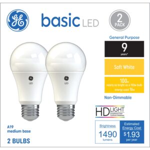 ge basic led light bulbs, 100 watt, soft white, a19, medium base (2 pack)