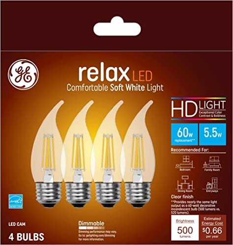 GE Relax LED Light Bulbs, 60W, Soft White Candle Lights, Clear Decorative Bulbs, Medium Base (4 Pack)