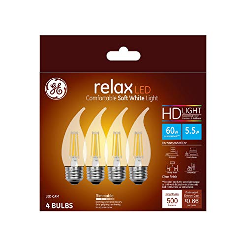 GE Relax LED Light Bulbs, 60W, Soft White Candle Lights, Clear Decorative Bulbs, Medium Base (4 Pack)