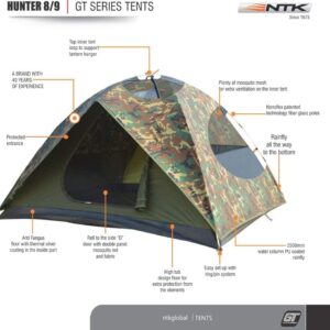 NTK Hunter GT 8 Person Tent | 10x12 Ft Outdoor Dome Woodland Camo Camping Tent | 100% Waterproof 2500mm, Easy Assembly, Durable Fabric Full Coverage Rainfly - Micro Mosquito Mesh