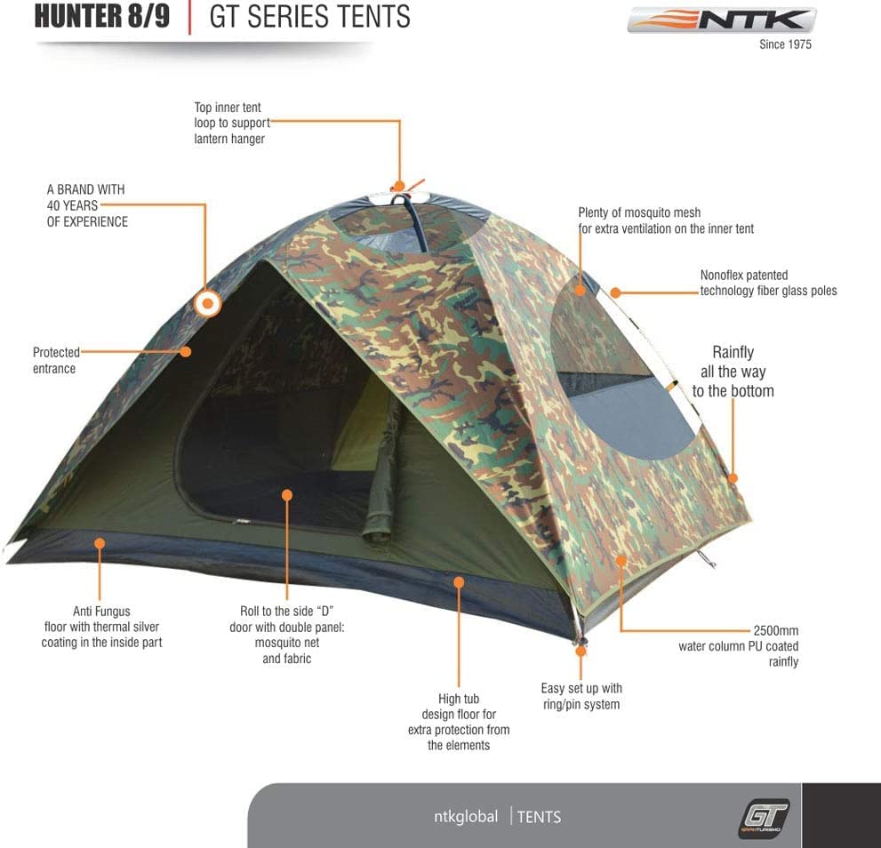 NTK Hunter GT 8 Person Tent | 10x12 Ft Outdoor Dome Woodland Camo Camping Tent | 100% Waterproof 2500mm, Easy Assembly, Durable Fabric Full Coverage Rainfly - Micro Mosquito Mesh