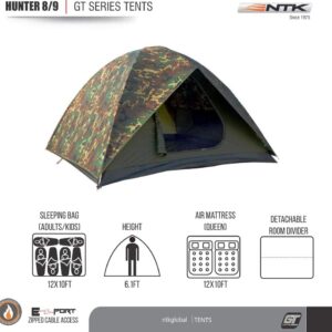 NTK Hunter GT 8 Person Tent | 10x12 Ft Outdoor Dome Woodland Camo Camping Tent | 100% Waterproof 2500mm, Easy Assembly, Durable Fabric Full Coverage Rainfly - Micro Mosquito Mesh