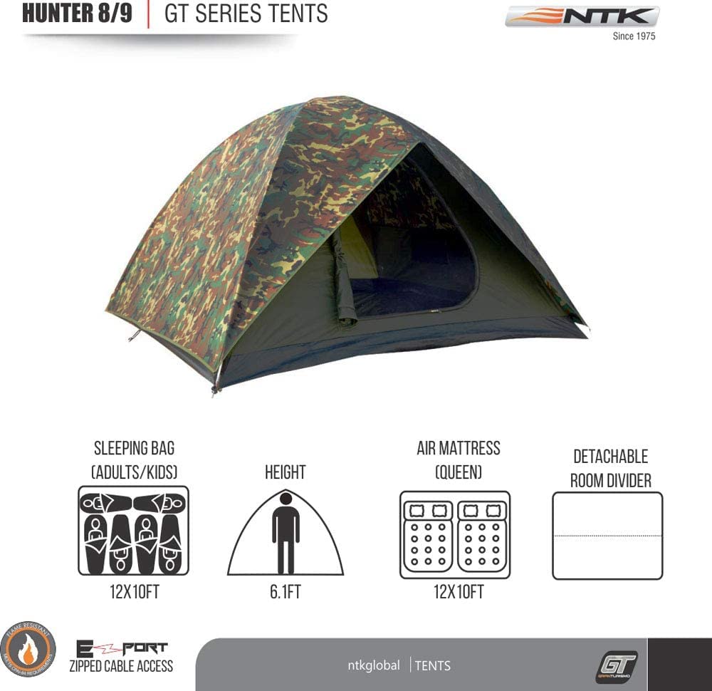 NTK Hunter GT 8 Person Tent | 10x12 Ft Outdoor Dome Woodland Camo Camping Tent | 100% Waterproof 2500mm, Easy Assembly, Durable Fabric Full Coverage Rainfly - Micro Mosquito Mesh