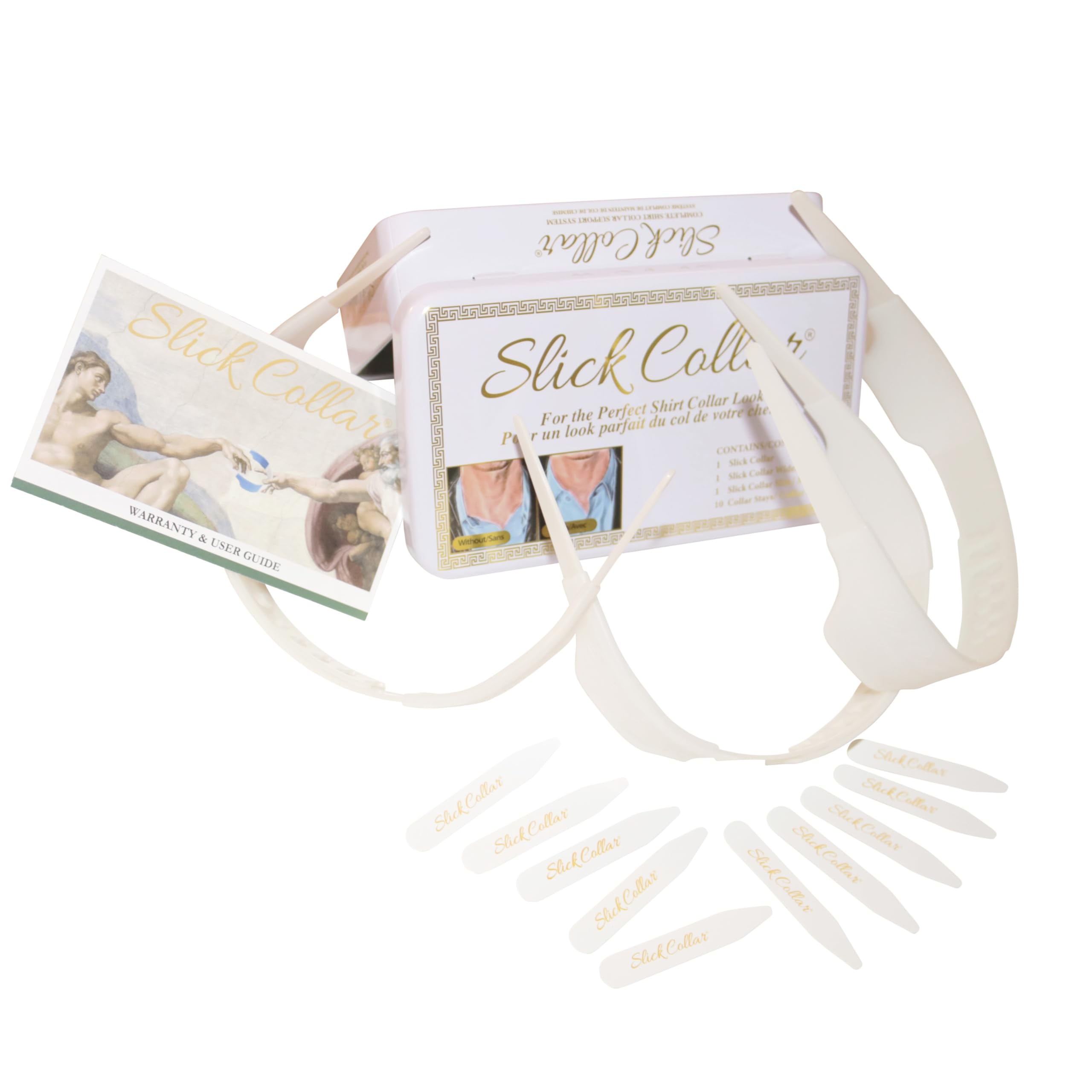 Shirt Collar Support System set with 3 adjustable, 10 premium Collar Stays & a Durable tin Travel EDC Box in White