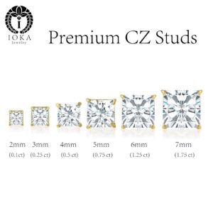 14K Gold Square Solitaire Princess Cut Cubic Zirconia CZ Stud Earrings with Screw Backs in Yellow OR White (0.1-1.75 carats)