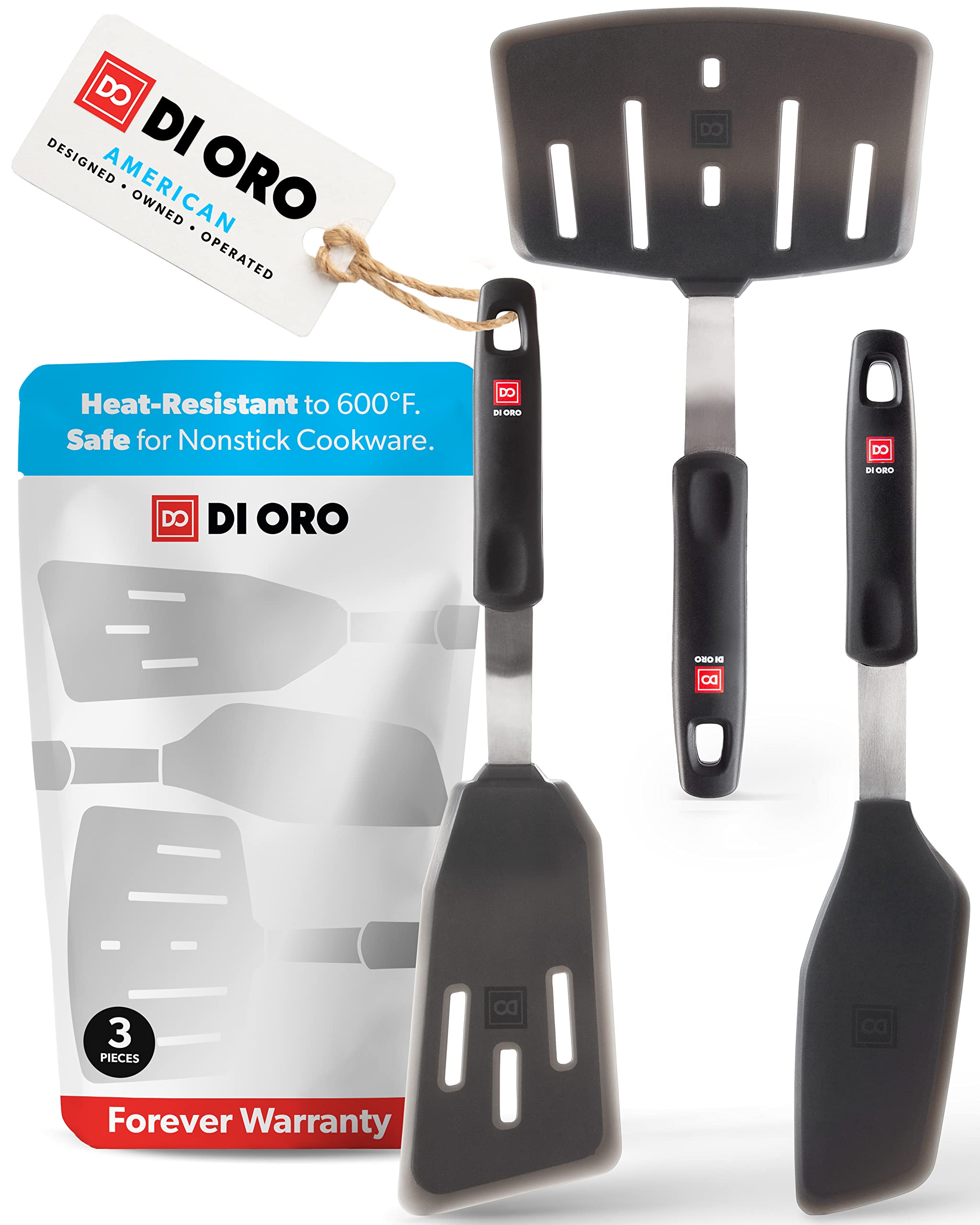 DI ORO Spatulas for Kitchen Use - Forever Warranty - 600°F Heat-Resistant Silicone - Turner Spatula Set for Cooking - BPA Free Wide Pancake Spatulas - Egg Flippers for Nonstick Cookware Safe (3pc)