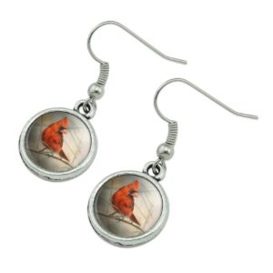 Cardinal Red Bird on Tree Branch Novelty Dangling Drop Charm Earrings