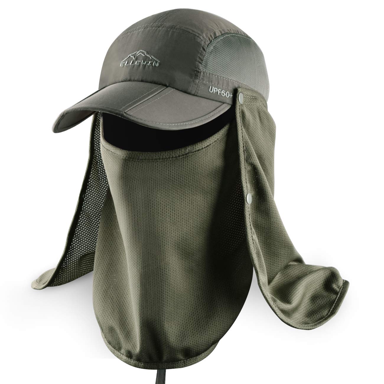 ELLEWIN Outdoor Fishing Flap Hat UPF50 Sun Cap Removable Mesh Face Neck Cover, D-army Green/ Mesh Neck Cover, M-L-XL