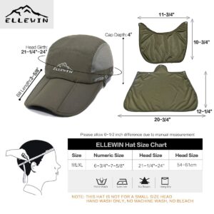 ELLEWIN Outdoor Fishing Flap Hat UPF50 Sun Cap Removable Mesh Face Neck Cover, D-army Green/ Mesh Neck Cover, M-L-XL