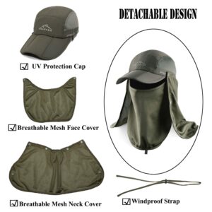 ELLEWIN Outdoor Fishing Flap Hat UPF50 Sun Cap Removable Mesh Face Neck Cover, D-army Green/ Mesh Neck Cover, M-L-XL