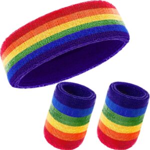 willbond 3 pcs sweatbands set 80s neon sports headband tennis striped sweat band paris sports competitions sports games for men women kids party supplies(rainbow,striped style)