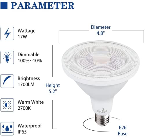 BESLAM PAR38 17W LED Flood Light Bulbs, E26 Base, 150W Equivalent, 2700K Warm White Spotlight, 1700lm, 25° Beam Angle, UL Listed, Dimmable 2-Pack for Patio Landscape