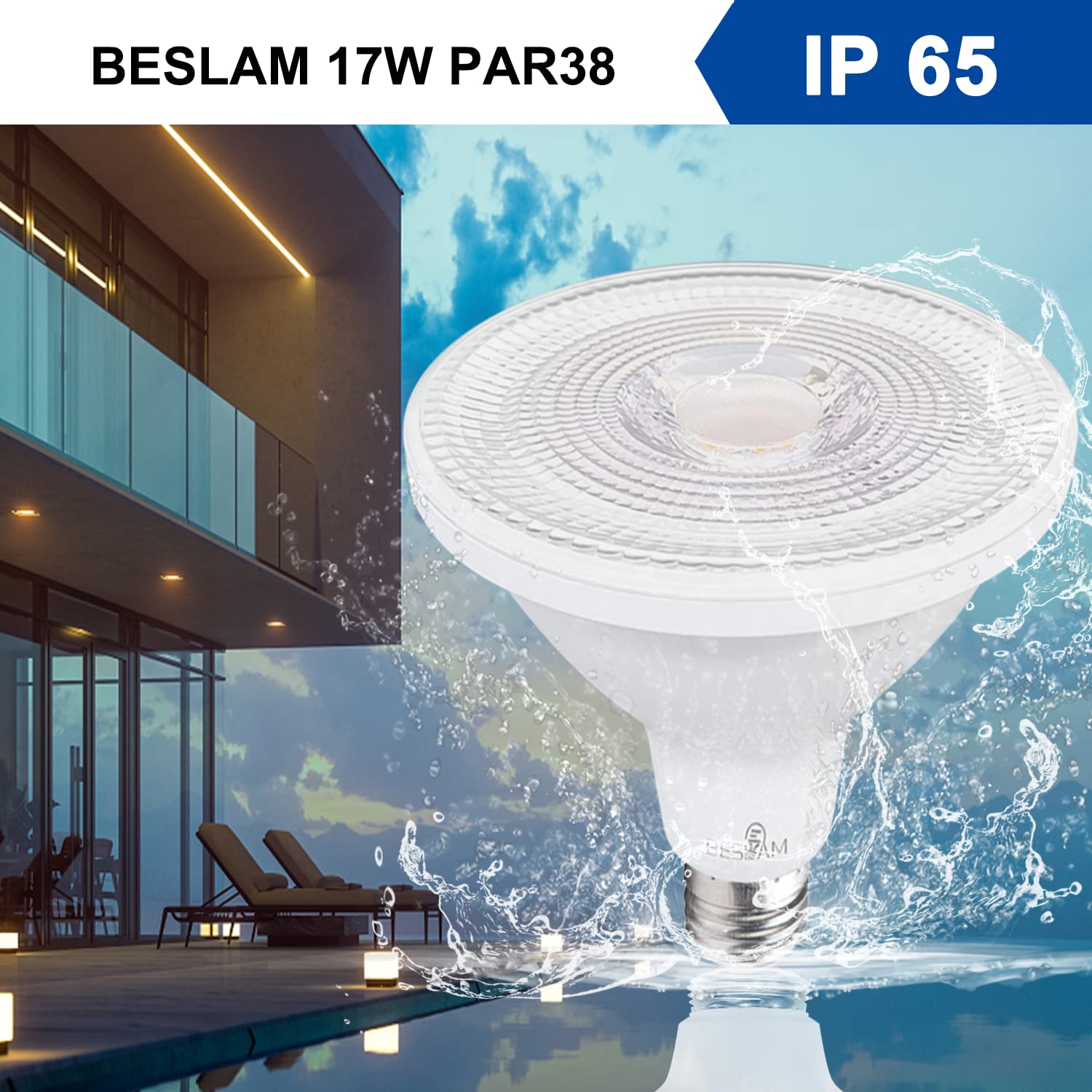 BESLAM PAR38 17W LED Flood Light Bulbs, E26 Base, 150W Equivalent, 2700K Warm White Spotlight, 1700lm, 25° Beam Angle, UL Listed, Dimmable 2-Pack for Patio Landscape