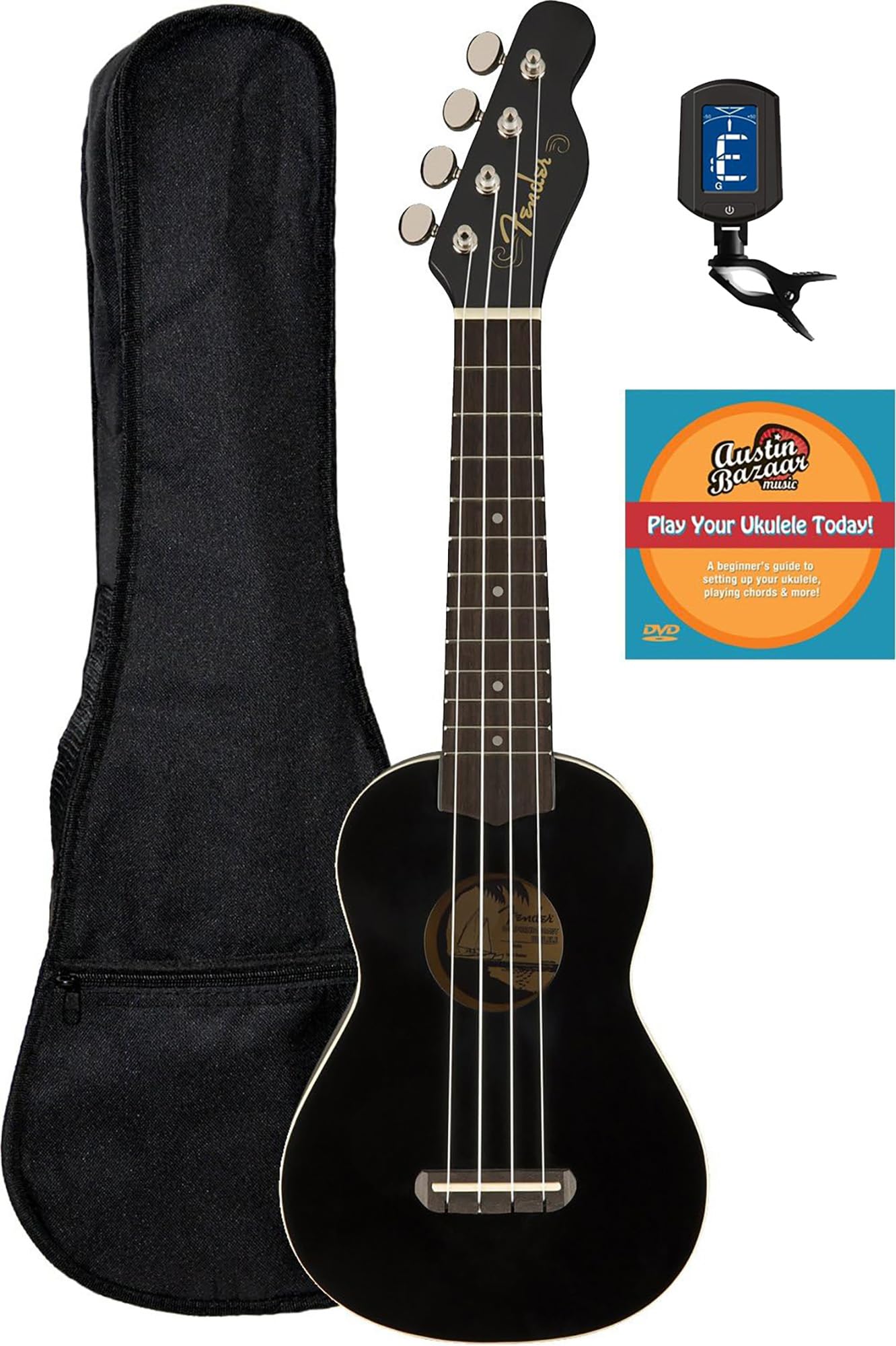 Fender Venice Soprano Ukulele - Black Bundle with Gig Bag, Tuner, and Austin Bazaar Instructional DVD