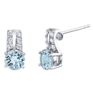 Peora Aquamarine Arc Stud Earrings for Women 925 Sterling Silver, Genuine Gemstone Birthstone, 1.25 Carats total Round Shape 6mm, Hypoallergenic, Friction Backs