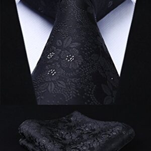 HISDERN Men Solid Black Floral Ties Woven Classic 3.4" Necktie Set Formal tie Pocket Suqare for Wedding Business with Handkerchief