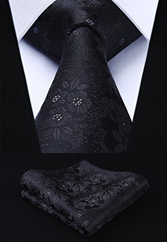 HISDERN Men Solid Black Floral Ties Woven Classic 3.4" Necktie Set Formal tie Pocket Suqare for Wedding Business with Handkerchief