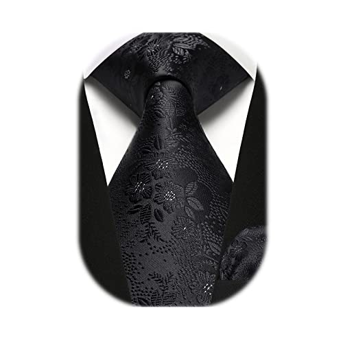 HISDERN Men Solid Black Floral Ties Woven Classic 3.4" Necktie Set Formal tie Pocket Suqare for Wedding Business with Handkerchief